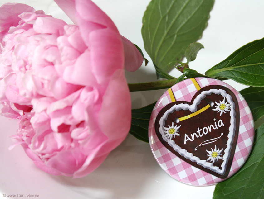 no. 7108 - Button in rosa für die Maderln und hellblau für die Buam, für Frauen und Männer, Vichy Karo und Lebkuchenherz, mit Gästenamen, schöne Dekorationselemente: Blümchen, Edelweiss, Brezel, im Wiesn Stil, zünftige ländliche Feier, in fast jeder Farbstellung erhältlich: rot-kariert, rot, blau-kariert, bayrische Raute weiß-blau, Bayern, braun, grün, kariert, Vichy Karo, Button Ausführungen: Nadelbutton, Magnetbutton mit Kontermagnet, Flaschenöffner, Taschenspiegel, Spangenclip, als Namensschild oder Namensanstecker, Anstecker Butterfly Verschluss, Spangen-Clip Kroko Clip, Tischordnung, Platzkarte, Tischkarte, passend zur Hochzeitskarte Karte Papeterie Hochzeitspapeterie, alle Farben, verschiedene Farben möglich, ländlich, Scheunenfest, zünftig, urig, Feier in Hütte, Alpe, Almhütte, Hüttengaudi