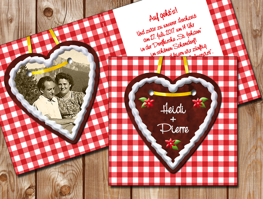 no. 7108 - Einladung Hochzeit Hochzeitseinladung Hochzeitskarte Karo Lebkuchenherz Karte Papeterie Hochzeitspapeterie rot weiß weiss rotkariert Vichy Karo Holzplanken Karo bayrisch zünftig urig rustikal