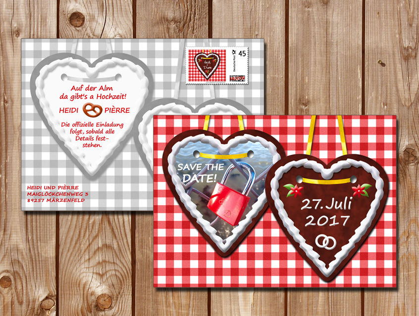 no. 7108 - Save the date Karte save-the-date Kärtchen Einladung Hochzeit Hochzeitseinladung Hochzeitskarte Karo Lebkuchenherz Karte Papeterie Hochzeitspapeterie rot weiß weiss rotkariert Vichy Karo Holzplanken Karo bayrisch zünftig urig rustikal