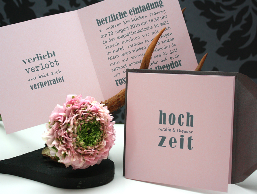 no. 7120 - Einladung Hochzeit Hochzeitseinladung Hochzeitskarte Liebe im Quadrat Karte Papeterie Hochzeitspapeterie Rosa Rose Quartz grau dunkelgrau modern verschiedene Schriften Typo