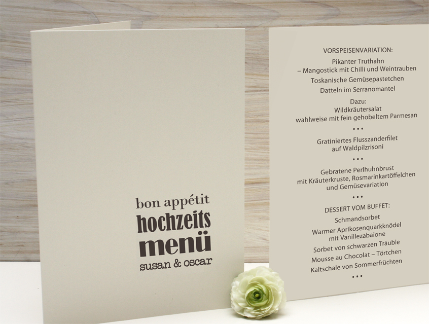 no. 7120 - Menükarte Aufsteller klein Menüaufsteller mit Kordel Quadrat 12,5 cm Menue Menü Hochzeitsmenü Getränkekarte Hülle Umschlag Einlegeblätter Guten Appetit Liebe im Quadrat Karte Papeterie Hochzeitspapeterie grau dunkelgrau modern verschiedene Schriften Typo