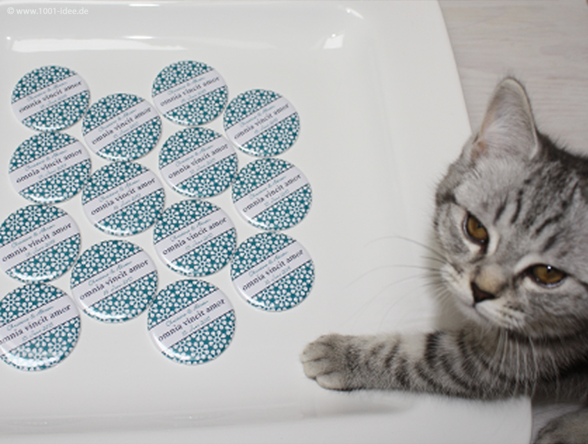 no. 7132 - Hochzeitsbutton "omnia vincit amor" in weiß & türkis, im Unlimited Design: viele Hintergründe zur Wahl z.B. floral, mit Steifen, Apfel, Hochzeitspruch oder auch mit Gästenamen, als Tischkärtchen und / oder Gastgeschenk, Vintage Look, Button Ausführungen: Nadelbutton, Magnetbutton mit Kontermagnet, Flaschenöffner, Taschenspiegel, Spangenclip, als Namensschild oder Namensanstecker, Anstecker Butterfly Verschluss, Spangen-Clip Kroko Clip, Tischordnung, Platzkarte, Tischkarte, passend zur Hochzeitskarte Karte Papeterie Hochzeitspapeterie, alle Farben, verschiedene Hintergründe und Farben möglich