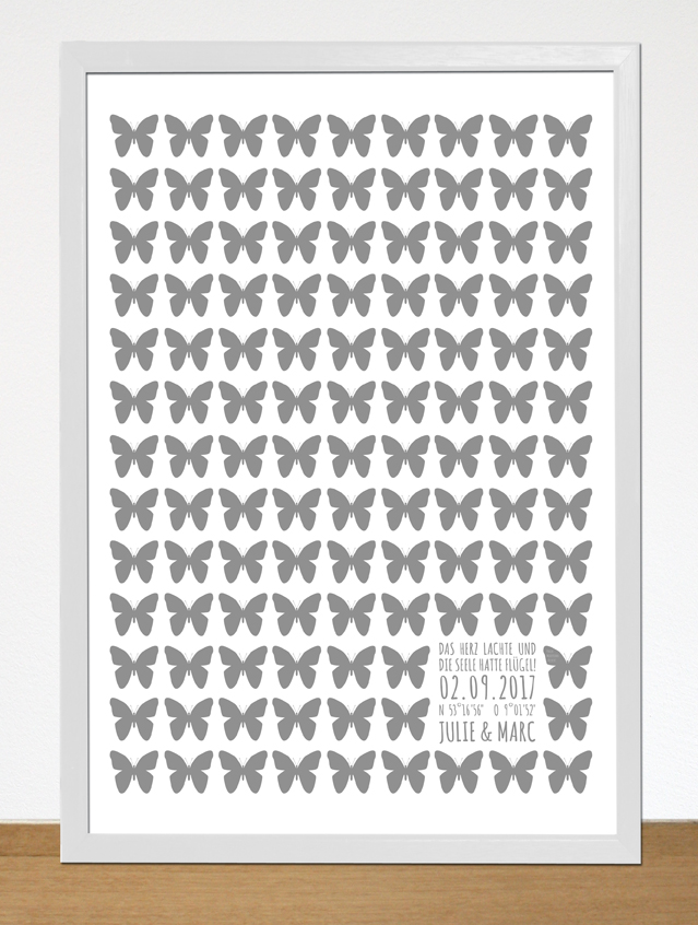 no. 7139 - Fingerabdruck Gästeposter Schmetterling Fingerprint Poster Bild für Fingerabdrücke der Hochzeitsgäste Hochzeit Hochzeitseinladung Hochzeitskarte weiss weiß grau edel anthrazit white grey Schrift modern