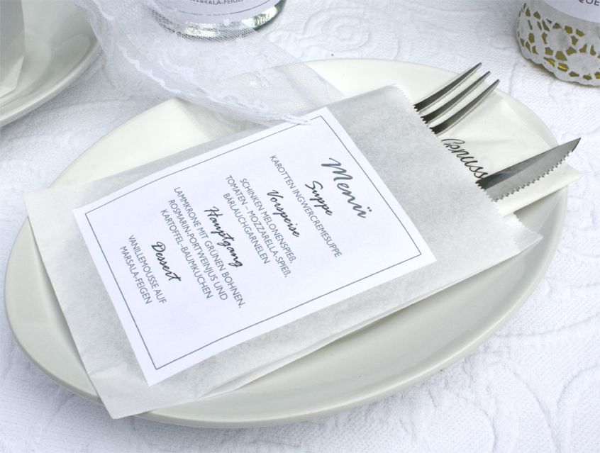 no. 7141 - Bestecktüte Besteck Serviettentasche Menü Menue Menükarte zu Hochzeitseinladung Elegant White Hochzeitskarte Karte Papeterie Hochzeitspapeterie weiß weiss exklusiv elegant modern vornehm