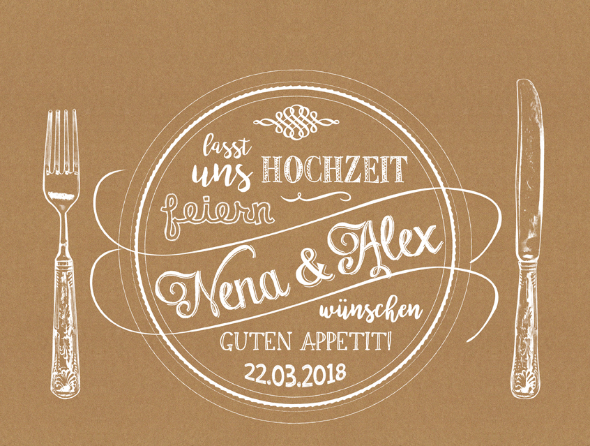 no. 7142 - Hochzeit Tischset Set Tischdeko Menü Tischkarte chalkboard Kreide Tafel natur Naturkarton Kraftpapier Kraft Karton beige schwarz Schriften Typo Vintage Landhaus rustikal shabby chic Hand Lettering