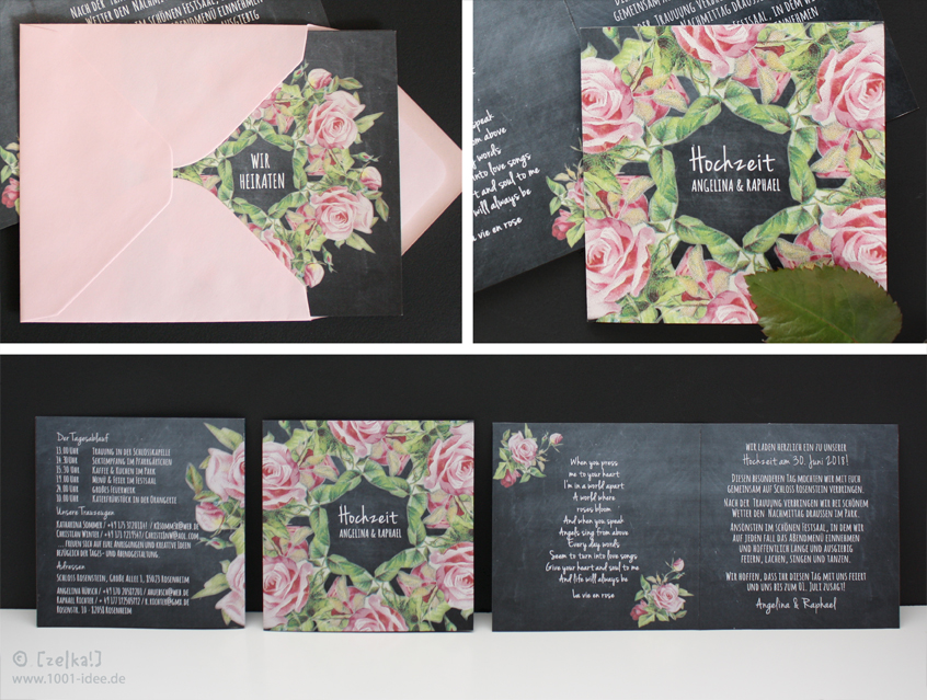 no. 7143 - Einladung Hochzeit Hochzeitseinladung Hochzeitskarte chalkboard Kreide Tafel Rosen roses schwarz rosa vanille Vintage