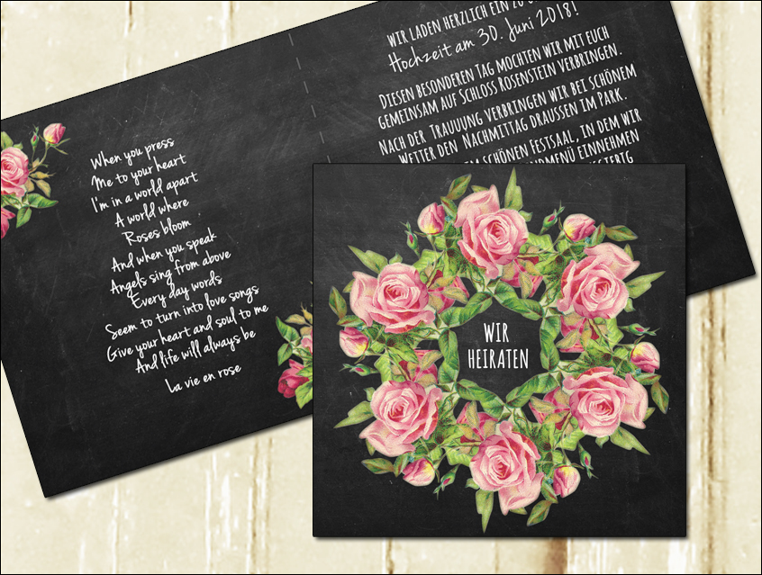 no. 7143 - Einladung Hochzeit Hochzeitseinladung Hochzeitskarte chalkboard Kreide Tafel Rosen roses schwarz rosa vanille Vintage