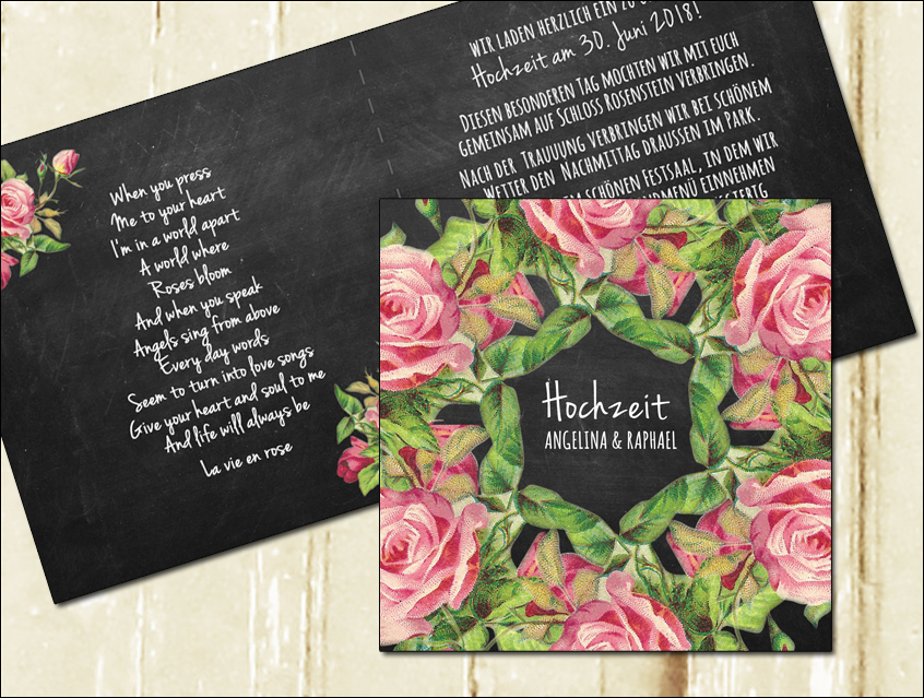 no. 7143 - Einladung Hochzeit Hochzeitseinladung Hochzeitskarte chalkboard Kreide Tafel Rosen roses schwarz rosa vanille Vintage