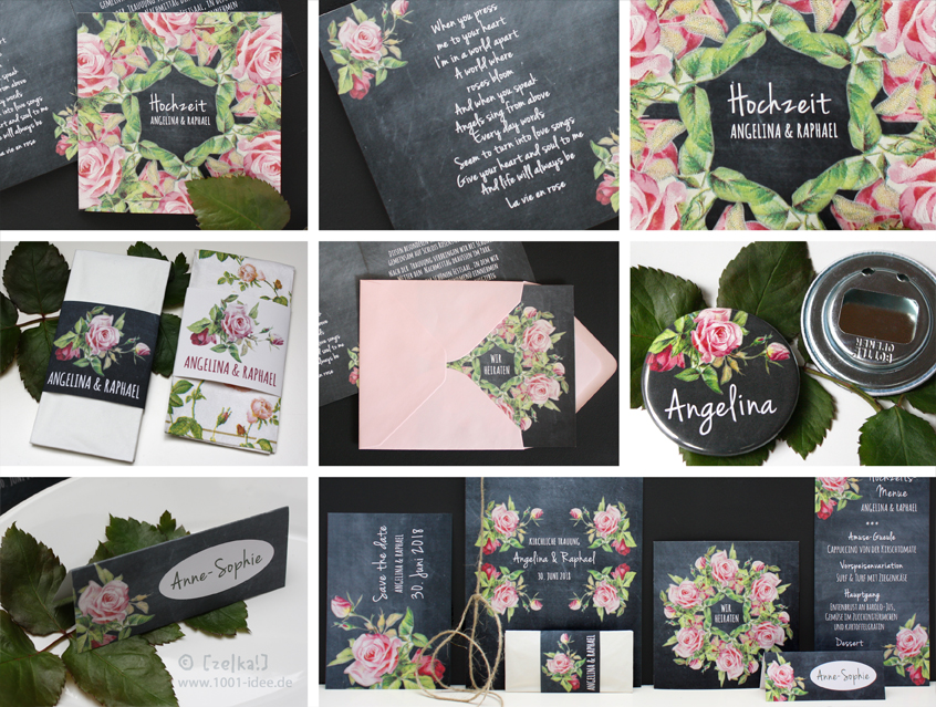 no. 7143 - Einladung Hochzeit Hochzeitseinladung Hochzeitskarte chalkboard Kreide Tafel Rosen roses schwarz rosa vanille Vintage