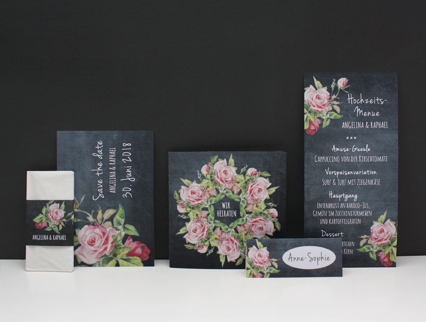 no. 7143 - Einladung Hochzeit Hochzeitseinladung Hochzeitskarte chalkboard Kreide Tafel Rosen roses schwarz rosa vanille Vintage