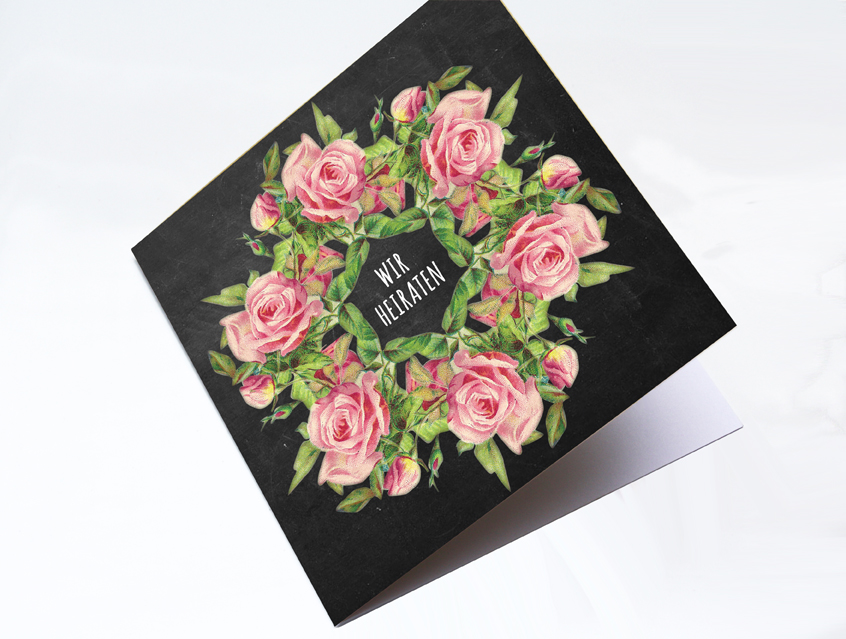 no. 7143 - Einladung Hochzeit Hochzeitseinladung Hochzeitskarte chalkboard Kreide Tafel Rosen roses schwarz rosa vanille Vintage