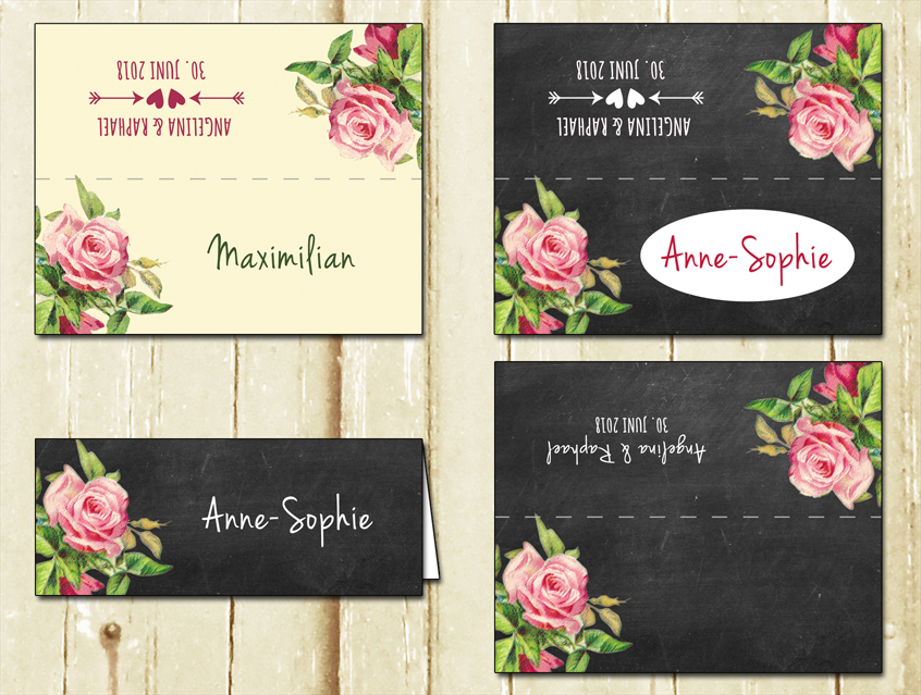no. 7143 - Tischkärtchen Tischkarte zum Selberbeschriften Gästenamen Namen des Gastes passend zu Einladung Hochzeit Hochzeitseinladung Hochzeitskarte chalkboard Kreide Tafel Rosen roses schwarz rosa vanille Vintage