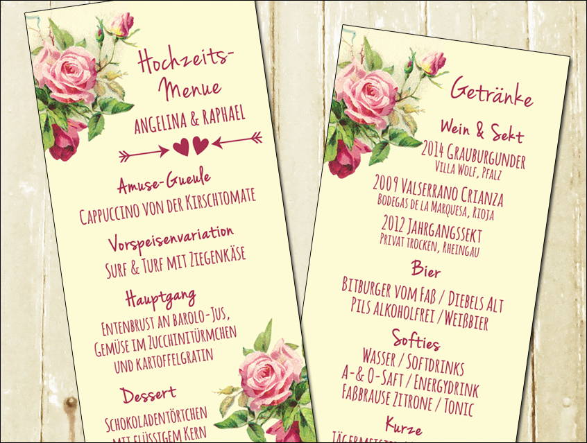no. 7143 - Menue Menu Menükarte Hochzeitsmenü Hochzeitseinladung Hochzeitskarte chalkboard Kreide Tafel Rosen roses schwarz rosa vanille Vintage