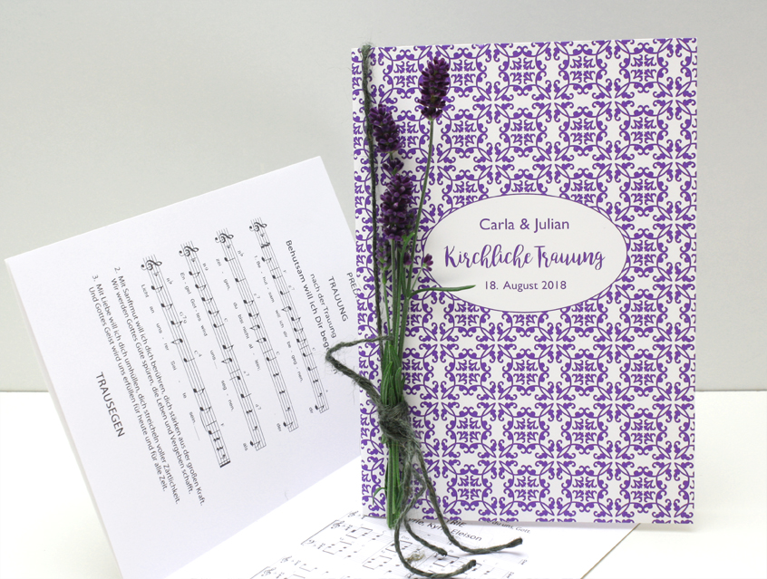 no. 7144 - Kirchenheft Ablaufplan Kirche Hochzeit Trauung Einleger Einlegeblätter mit Liedern zu Hochzeitskarte Exceptionelle Karte Papeterie Hochzeitspapeterie Lavendel lila violett Blumen ländlich Ein Hauch von Südfrankreich / Provence modern ländlich shabby chic vintage verspielt romantisch