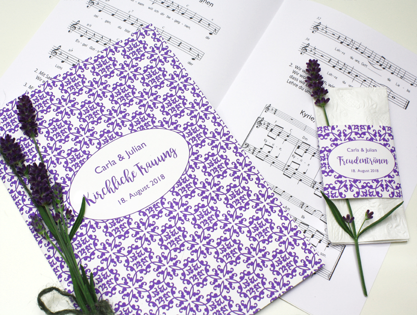 no. 7144 - Kirchenheft Ablaufplan Taschentuch Freudentränen Hochzeit Banderole Ummantelung Kirche Hochzeit Trauung Einleger Einlegeblätter zu Hochzeitskarte Exceptionelle Karte Papeterie Hochzeitspapeterie Lavendel lila violett Blumen ländlich Ein Hauch von Südfrankreich / Provence modern ländlich shabby chic vintage verspielt romantisch