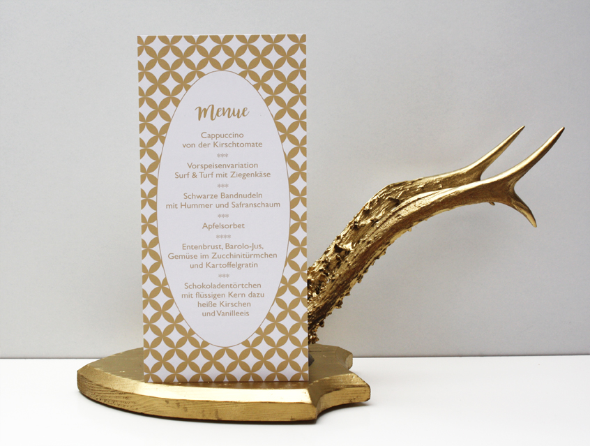 no. 7144 - Menue Menu Menükarte Hochzeitsmenü Hochzeitspapeterie Karte Papeterie gold goldfarben exklusiv elegant vornehm