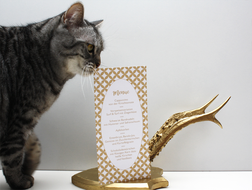 no. 7144 - Menue Menu Menükarte Hochzeitsmenü Hochzeitspapeterie Karte Papeterie gold goldfarben exklusiv elegant vornehm