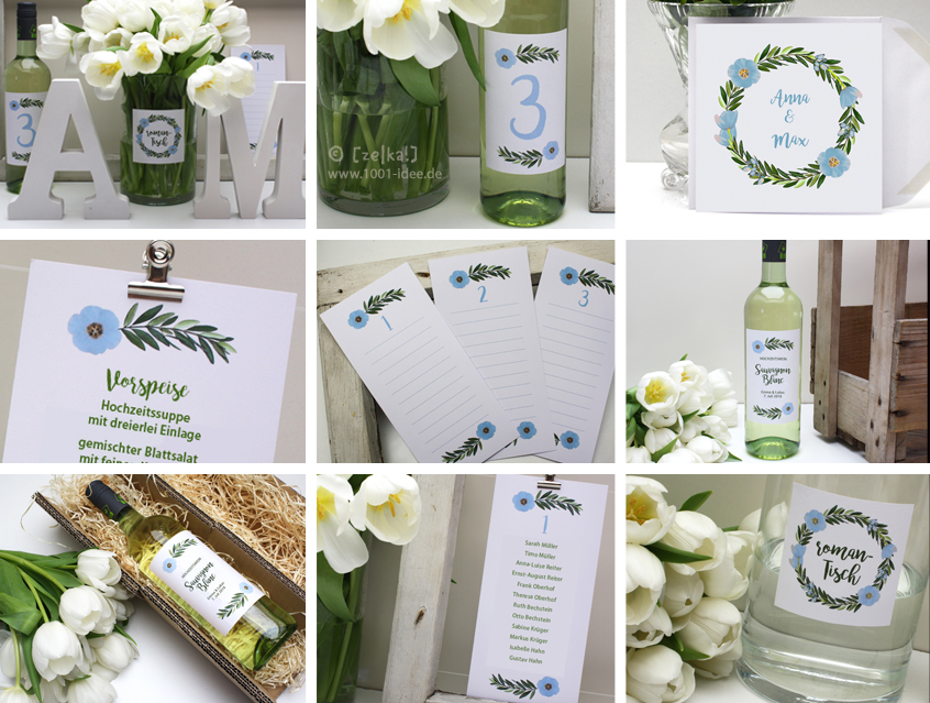no. 7146 - Aufkleber Etikett Flasche Weinflasche Flaschenetikett für Weißwein Rotwein Papeterie Hochzeitspapeterie hellblau blau weiss weiß Packpapier Rillenoptik Boho bohemian wedding Flower Power Blütenkranz Blumenkranz Olive Olivenzweig Blume Blumen Blüte Kranz Ranke Kordel shabby chic vintage Look hip Hippie Style