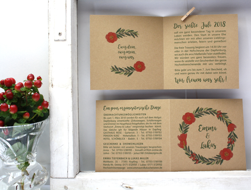 no. 7146 - Einladung Hochzeit Hochzeitseinladung Hochzeitskarte Karte Papeterie Hochzeitspapeterie natur Naturkarton Naturpapier Naturpapier Kraftpapier Kraft Karton weiss weiß Packpapier Rillenoptik Boho bohemian wedding Flower Power Blütenkranz Blumenkranz Olive Olivenzweig Blume Blumen Blüte Kranz Ranke Kordel shabby chic vintage hip Hippie Style