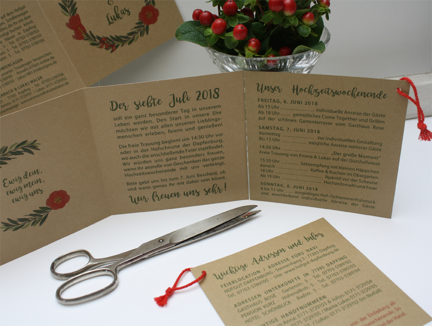 no. 7146 - Einladung Hochzeit Hochzeitseinladung Hochzeitskarte Karte Papeterie Hochzeitspapeterie natur Naturkarton Naturpapier Naturpapier Kraftpapier Kraft Karton weiss weiß Packpapier Rillenoptik Boho bohemian wedding Flower Power Blütenkranz Blumenkranz Olive Olivenzweig Blume Blumen Blüte Kranz Ranke Kordel shabby chic vintage hip Hippie Style