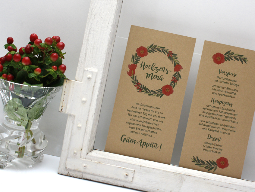 no. 7146 - Menükarte Menu Menue Menü Hochzeit Hochzeitsmenü Hochzeitsmahl Hochzeitsessen Hochzeitskarte Karte Papeterie Hochzeitspapeterie natur Naturkarton Naturpapier Naturpapier Kraftpapier Kraft Karton weiss weiß Packpapier Rillenoptik Boho bohemian wedding Flower Power Blütenkranz Blumenkranz Olive Olivenzweig Blume Blumen Blüte Kranz Ranke Kordel shabby chic vintage hip Hippie Style