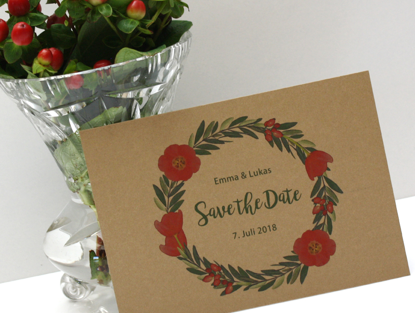 no. 7146 - Einladung Hochzeit Hochzeitseinladung Hochzeitskarte Karte Papeterie Hochzeitspapeterie natur Naturkarton Naturpapier Naturpapier Kraftpapier Kraft Karton weiss weiß Packpapier Rillenoptik Boho bohemian wedding Flower Power Blütenkranz Blumenkranz Olive Olivenzweig Blume Blumen Blüte Kranz Ranke Kordel shabby chic vintage hip Hippie Style