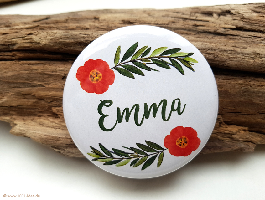 no. 7146 - Boho Flower Button mit Olivenzweigen und roten Blumen im Vintage Stil mit Gästenamen als Tischkärtchen und / oder Gastgeschenk Team Braut Team Bräutigam Hochzeitsbutton für Hochzeit oder Feier Nadelbutton Magnetbutton mit Kontermagnet Flaschenöffner Taschenspiegel Spangenclip Namensschild Namensanstecker Anstecker Butterfly Verschluss Spangen-Clip Kroko Clip Tischordnung Platzkarte passend zur Hochzeitskarte Karte Papeterie Hochzeitspapeterie weiss grün rot viele Farben möglich bunt Tischdeko Dekoration Hochzeit