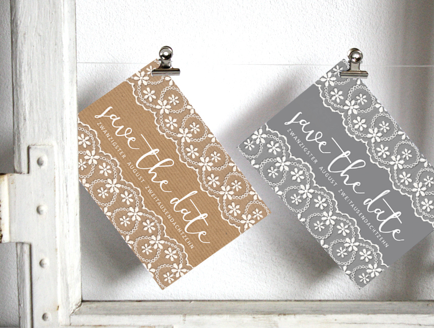 no. 7147 - Einladung Hochzeit Save-the-date Save the date Kärtchen A6 Hochzeitseinladung Hochzeitskarte Karte Papeterie Hochzeitspapeterie weiss weiß Spitze lace lacey Packpapier Rillenoptik natur Kraftpapier Optik grau alle Farben Vintage Style Boho shabby chic edel extravagant