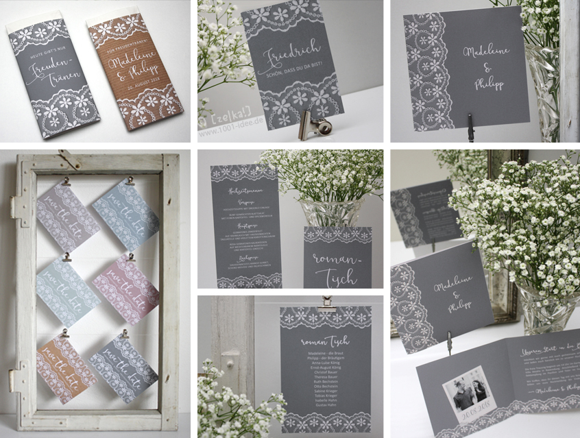 no. 7147 - Impressionen Hochzeitspapeterie "Vintage-Spitze" weiss weiß grau edel anthrazit white grey Schrift modern Vintage