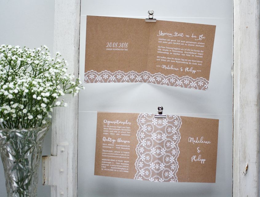 no. 7147 - Einladung Hochzeit Hochzeitseinladung Hochzeitskarte Karte Papeterie Hochzeitspapeterie weiss weiß Spitze lace lacey Packpapier Rillenoptik natur Kraftpapier Optik grau alle Farben Vintage Style Boho shabby chic edel extravagant