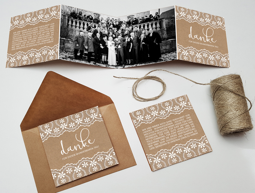 no. 7147 - Danksagung Hochzeit Leporello Dankeskarte Dank an Gäste Hochzeit Hochzeitskarte Karte Papeterie Hochzeitspapeterie weiss weiß Spitze lace lacey edel Packpapier Rillenoptik natur Kraftpapier Optik grau alle Farben Vintage Style Boho shabby chic edel extravagant rustikal modern