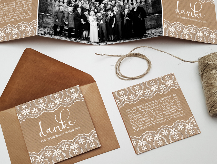 no. 7147 - Danksagung Hochzeit Leporello Dankeskarte Dank an Gäste Hochzeit Hochzeitskarte Karte Papeterie Hochzeitspapeterie weiss weiß Spitze lace lacey edel Packpapier Rillenoptik natur Kraftpapier Optik grau alle Farben Vintage Style Boho shabby chic edel extravagant rustikal modern