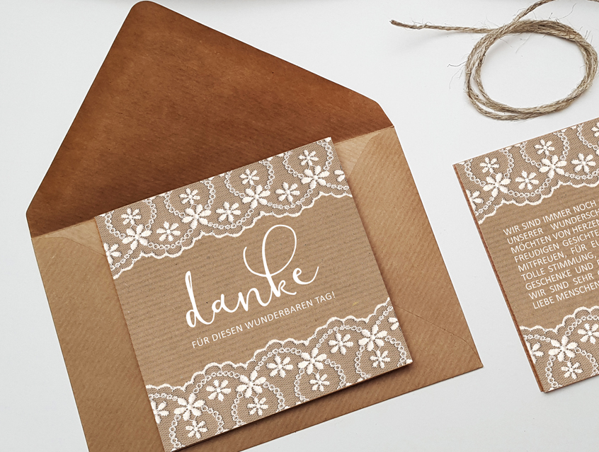 no. 7147 - Danksagung Hochzeit Leporello Dankeskarte Dank an Gäste Hochzeit Hochzeitskarte Karte Papeterie Hochzeitspapeterie weiss weiß Spitze lace lacey edel Packpapier Rillenoptik natur Kraftpapier Optik grau alle Farben Vintage Style Boho shabby chic edel extravagant rustikal modern
