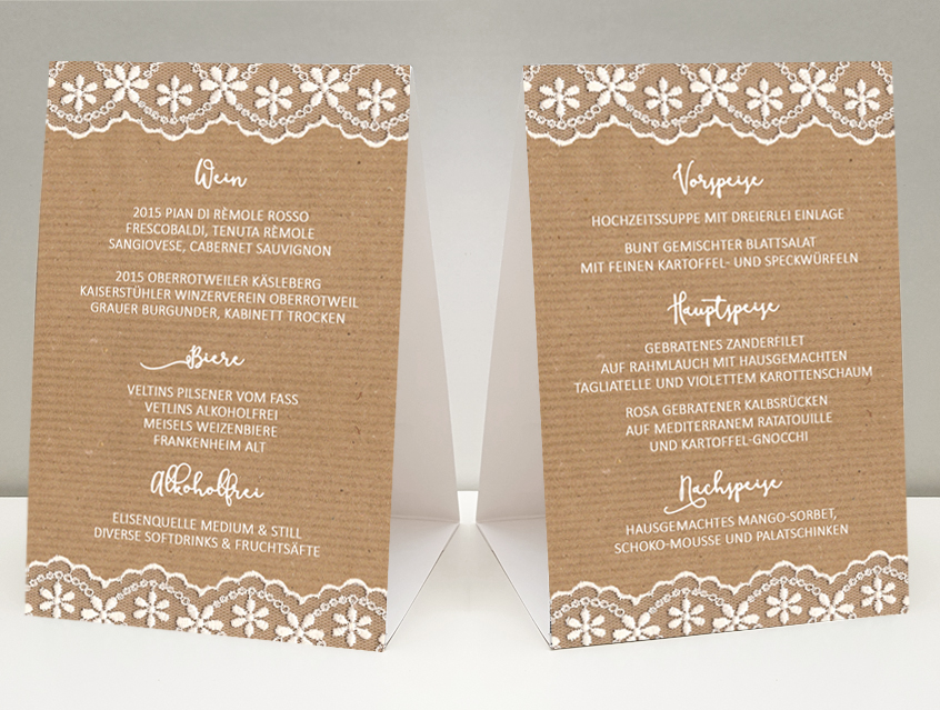 no. 7147 - Menükarte Menu Menue Aufsteller Hochzeitsmenu Menue Menü Essen Trinken Getränke Speisenkarte Getränkekarte Hochzeit Hochzeitskarte Karte Papeterie Hochzeitspapeterie weiss weiß Spitze lace lacey Packpapier Rillenoptik natur Kraftpapier Optik grau alle Farben Vintage Style Boho shabby chic edel extravagant rustikal modern