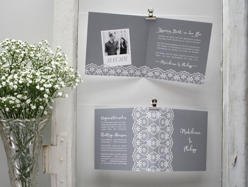 no. 7147 - Einladung Hochzeit Hochzeitseinladung Hochzeitskarte Karte Papeterie Hochzeitspapeterie weiss weiß Spitze lace lacey Packpapier Rillenoptik natur Kraftpapier Optik grau alle Farben Vintage Style Boho shabby chic edel extravagant