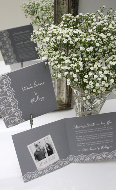 no. 7147 - Einladung Hochzeit Hochzeitseinladung Hochzeitskarte Karte Papeterie Hochzeitspapeterie weiss weiß Spitze lace lacey Packpapier Rillenoptik natur Kraftpapier Optik grau alle Farben Vintage Style Boho shabby chic edel extravagant