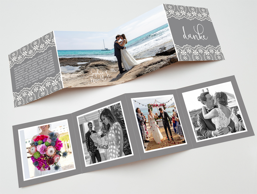 no. 7147 - Danksagung Hochzeit Leporello Dankeskarte Dank an Gäste Hochzeit Hochzeitskarte Karte Papeterie Hochzeitspapeterie weiss weiß Spitze lace lacey edel Packpapier Rillenoptik grau anthrazit oder Packpapier alle Farben Vintage Style Boho shabby chic edel extravagant rustikal modern