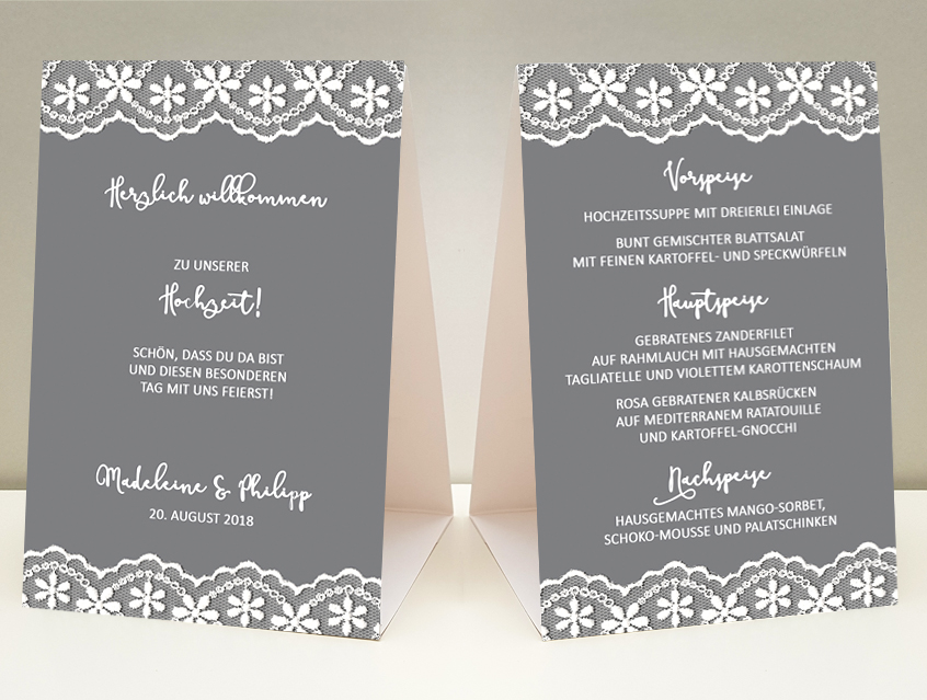 no. 7147 - Menükarte Menu Menue Aufsteller Hochzeitsmenu Menue Menü Essen Trinken Getränke Speisenkarte Getränkekarte Hochzeit Hochzeitskarte Karte Papeterie Hochzeitspapeterie weiss weiß Spitze lace lacey Packpapier Rillenoptik natur Kraftpapier Optik grau alle Farben Vintage Style Boho shabby chic edel extravagant rustikal modern