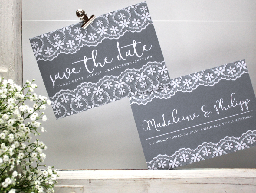 no. 7147 - Einladung Hochzeit Save-the-date Save the date Kärtchen A6 Hochzeitseinladung Hochzeitskarte Karte Papeterie Hochzeitspapeterie weiss weiß Spitze lace lacey Packpapier Rillenoptik natur Kraftpapier Optik grau alle Farben Vintage Style Boho shabby chic edel extravagant