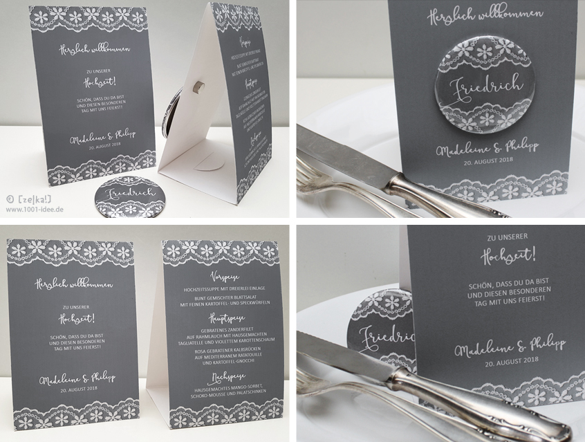 no. 7147 - Button grau mit weißer Spitze mit Gästenamen in weißer Schrift auf praktischen Menükarten Aufsteller, Menükarte, Button als Tischkärtchen und / oder Gastgeschenk, Vintage Look, aufgedruckte Spitzen - Optik, für Hochzeit in Scheune oder Hofgut oder auch edel für Tischdekoration auf Schloss, Schloß, Button Ausführungen: Nadelbutton, Magnetbutton mit Kontermagnet, Flaschenöffner, Taschenspiegel, Spangenclip, als Namensschild oder Namensanstecker, Anstecker Butterfly Verschluss, Spangen-Clip Kroko Clip, Tischordnung, Platzkarte, Tischkarte, Namenskärtchen, passend zur Hochzeitskarte Karte Papeterie Hochzeitspapeterie