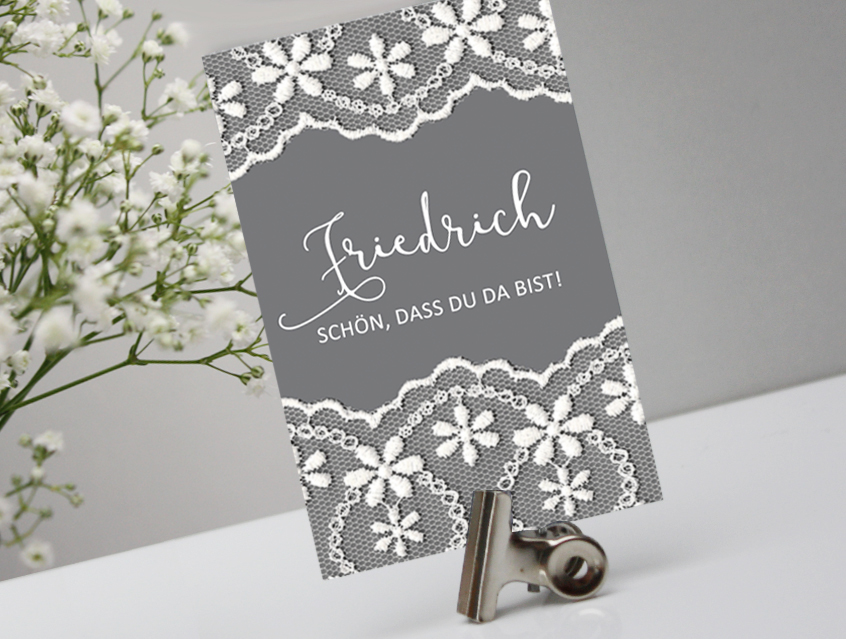 no. 7147 - Tischkarte Tischkärtchen mit Gästenamen Tischordnung Platzkarte Hochzeitskarte Karte Papeterie Hochzeitspapeterie weiss weiß grau edel anthrazit white grey Schrift modern Vintage
