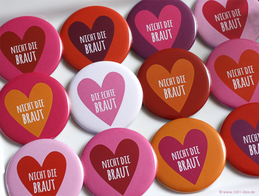 Design "Herzchen", super schöne Buttons in rosa, pink, orange, rot und lila Töenn rosa und pink Tönen, für den Junggesellinnenabschied, auch genannt JGA oder Hen's Night, für 11 Freundinnen (nicht die Braut) und 1 Braut, oder einfach mehrere Sets bestellen, Ausführung: Nadelbutton, Anstecker, Pin, Anstecknadel, Button mit Nadel, Geschenk für die Braut, Mädels auf JGA Tour, Geschenk von Trauzeugin oder bester Freundin, Butterflies in sanften Tönen