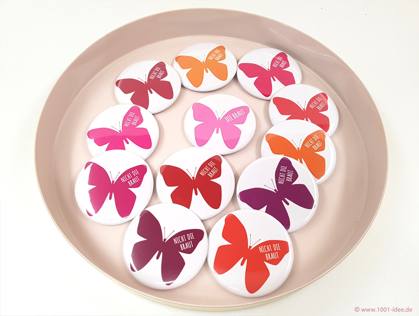 Design "Schmetterlinge", super schöne Buttons in rosa, orange, lila Töenn rosa und pink Tönen, für den Junggesellinnenabschied, auch genannt JGA oder Hen's Night, für 11 Freundinne und 1 Braut, oder einfach mehrere Sets bestellen, Ausführung: Nadelbutton, Anstecker, Pin, Anstecknadel, Button mit Nadel, Geschenk für die Braut, Mädels auf JGA Tour, Geschenk von Trauzeugin oder bester Freundin, Butterflies in sanften Tönen