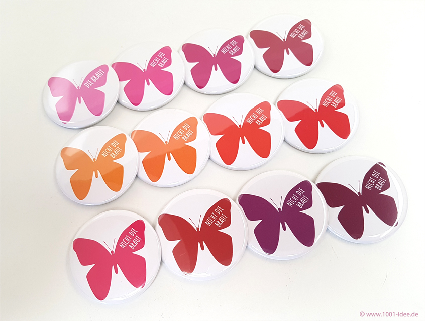 Design "Schmetterlinge", super schöne Buttons in rosa, orange, lila Töenn rosa und pink Tönen, für den Junggesellinnenabschied, auch genannt JGA oder Hen's Night, für 11 Freundinne und 1 Braut, oder einfach mehrere Sets bestellen, Ausführung: Nadelbutton, Anstecker, Pin, Anstecknadel, Button mit Nadel, Geschenk für die Braut, Mädels auf JGA Tour, Geschenk von Trauzeugin oder bester Freundin, Butterflies in sanften Tönen