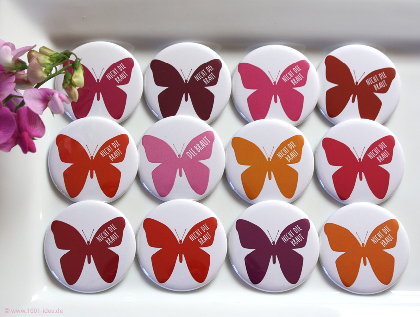 Design "Schmetterlinge", super schöne Buttons in rosa, orange, lila Töenn rosa und pink Tönen, für den Junggesellinnenabschied, auch genannt JGA oder Hen's Night, für 11 Freundinne und 1 Braut, oder einfach mehrere Sets bestellen, Ausführung: Nadelbutton, Anstecker, Pin, Anstecknadel, Button mit Nadel, Geschenk für die Braut, Mädels auf JGA Tour, Geschenk von Trauzeugin oder bester Freundin, Butterflies in sanften Tönen